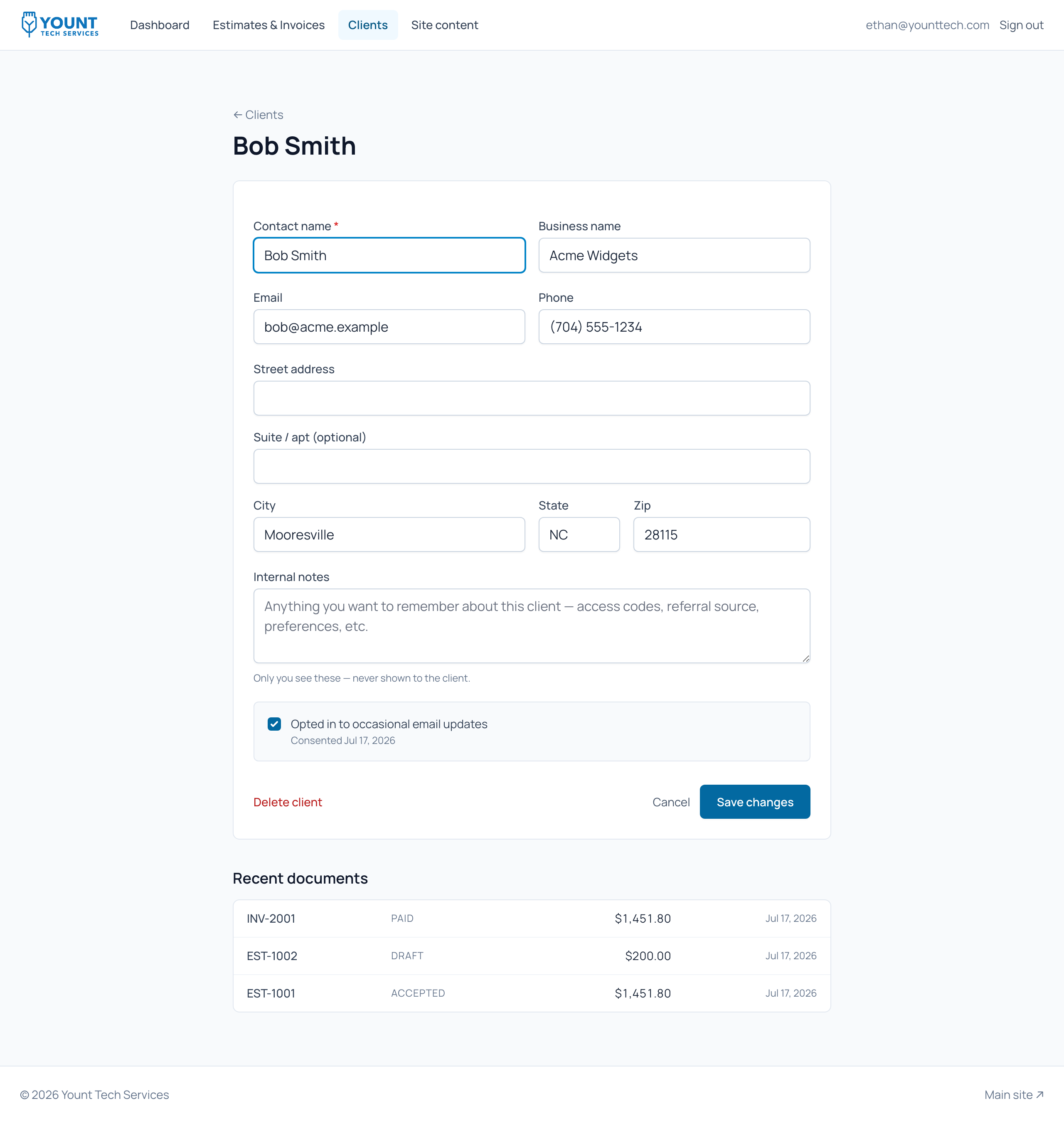 Client edit form with contact info and newsletter opt-in