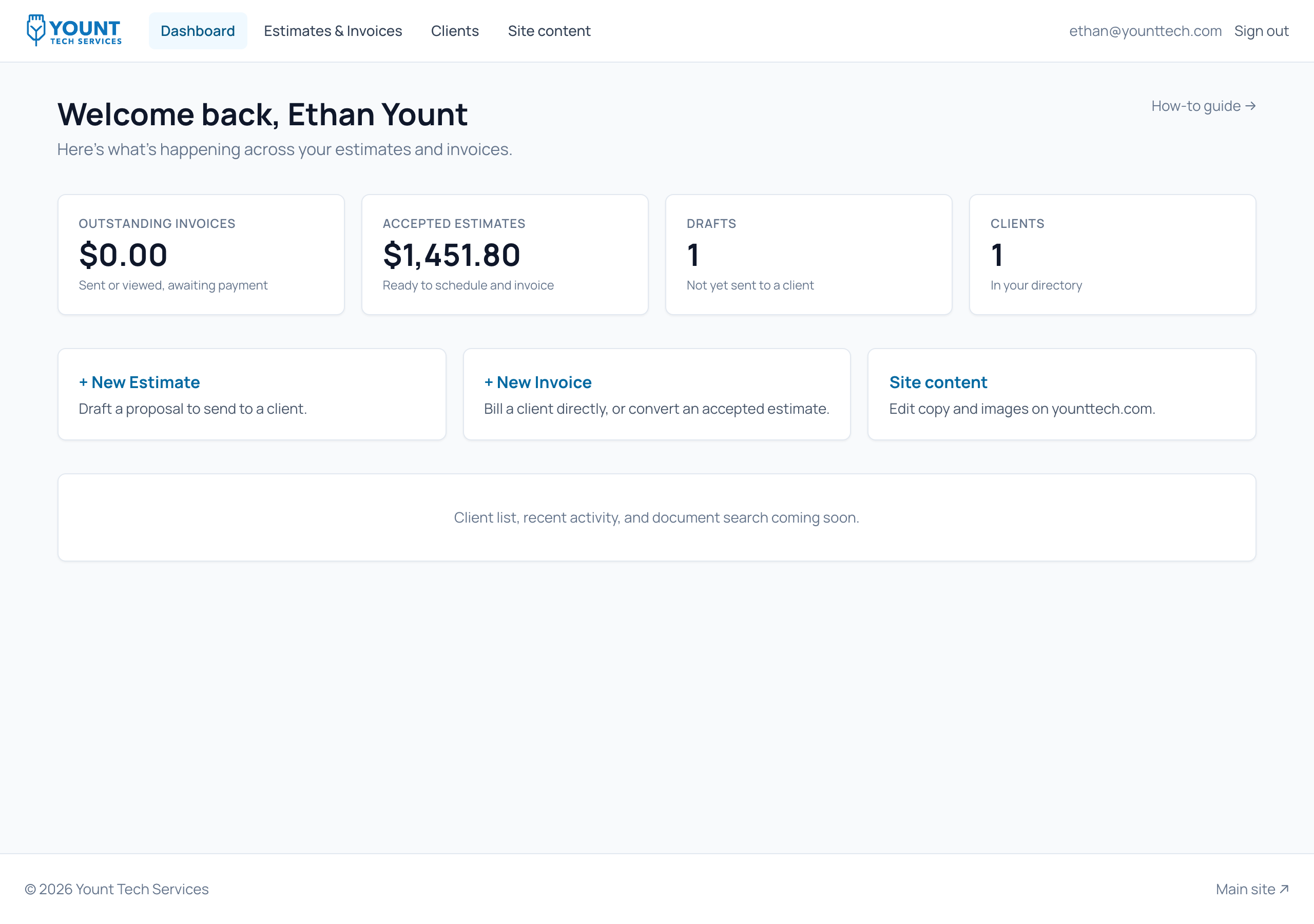 Admin dashboard with stat cards and quick actions