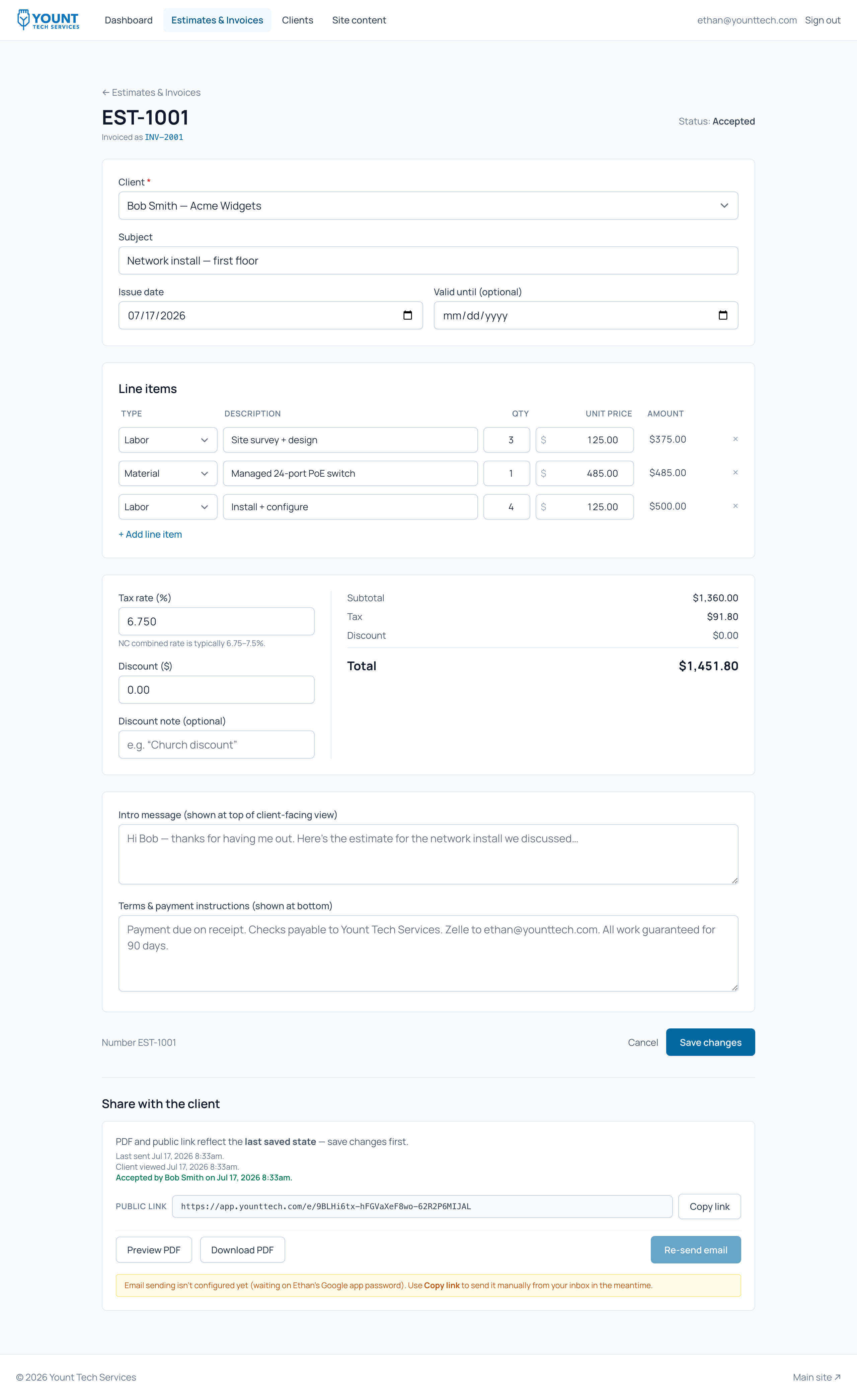 Document editor with line items, tax, discount, and terms