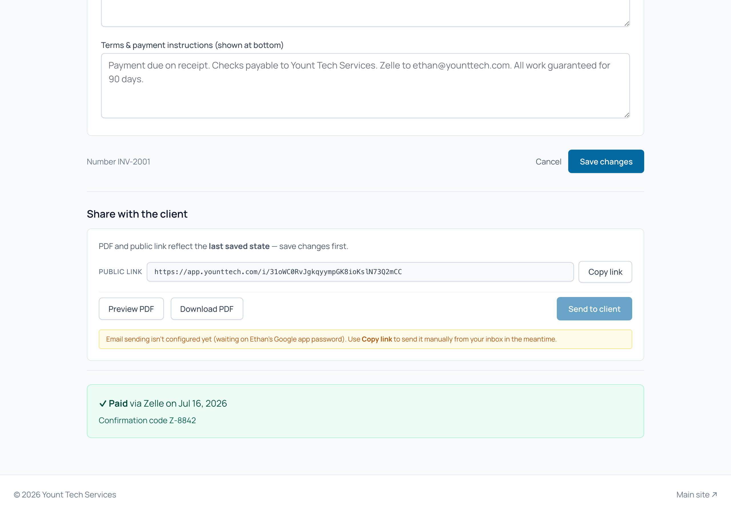 Paid confirmation with method, date, and note