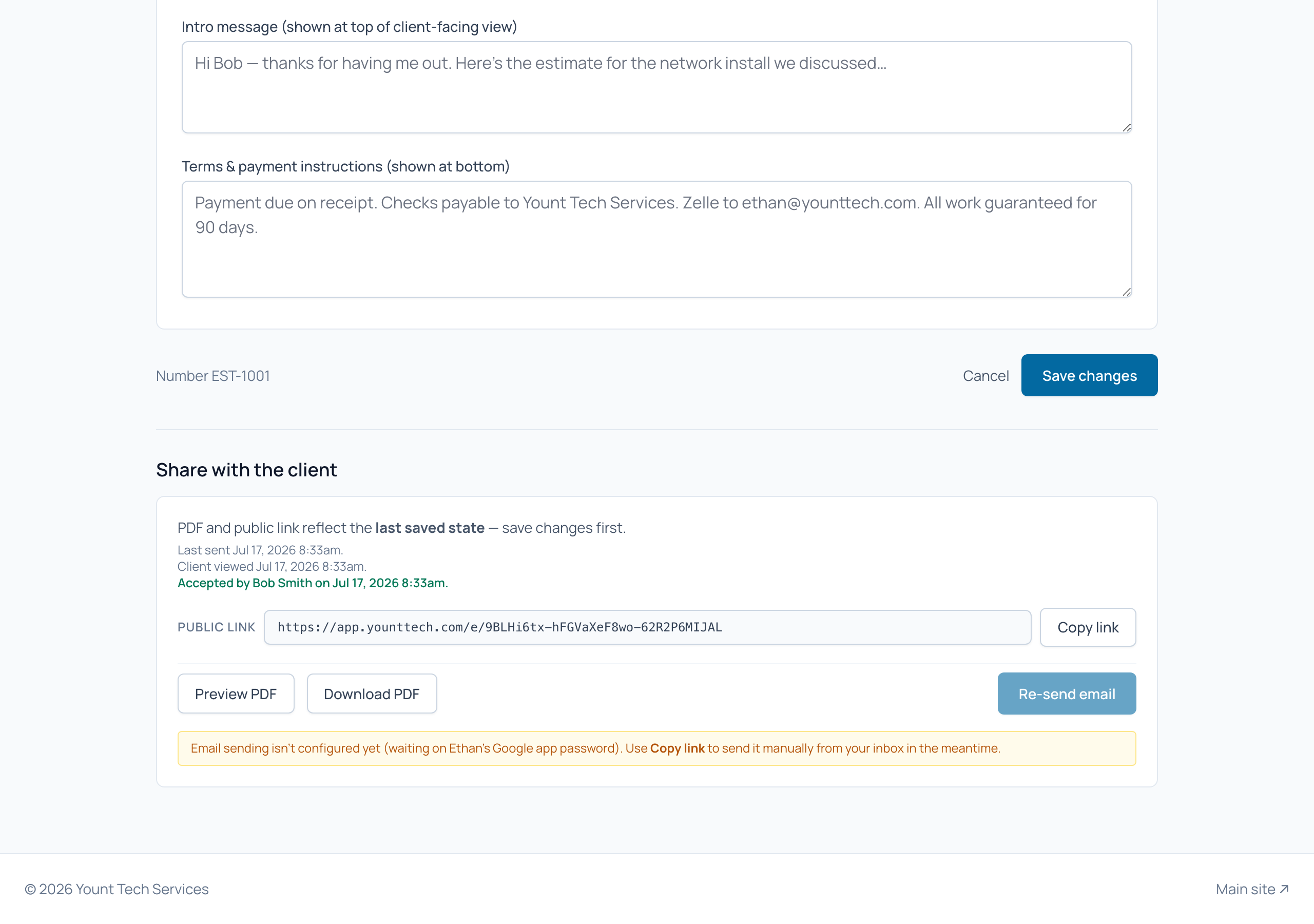 Share with the client section — copy link, PDF buttons, and send email