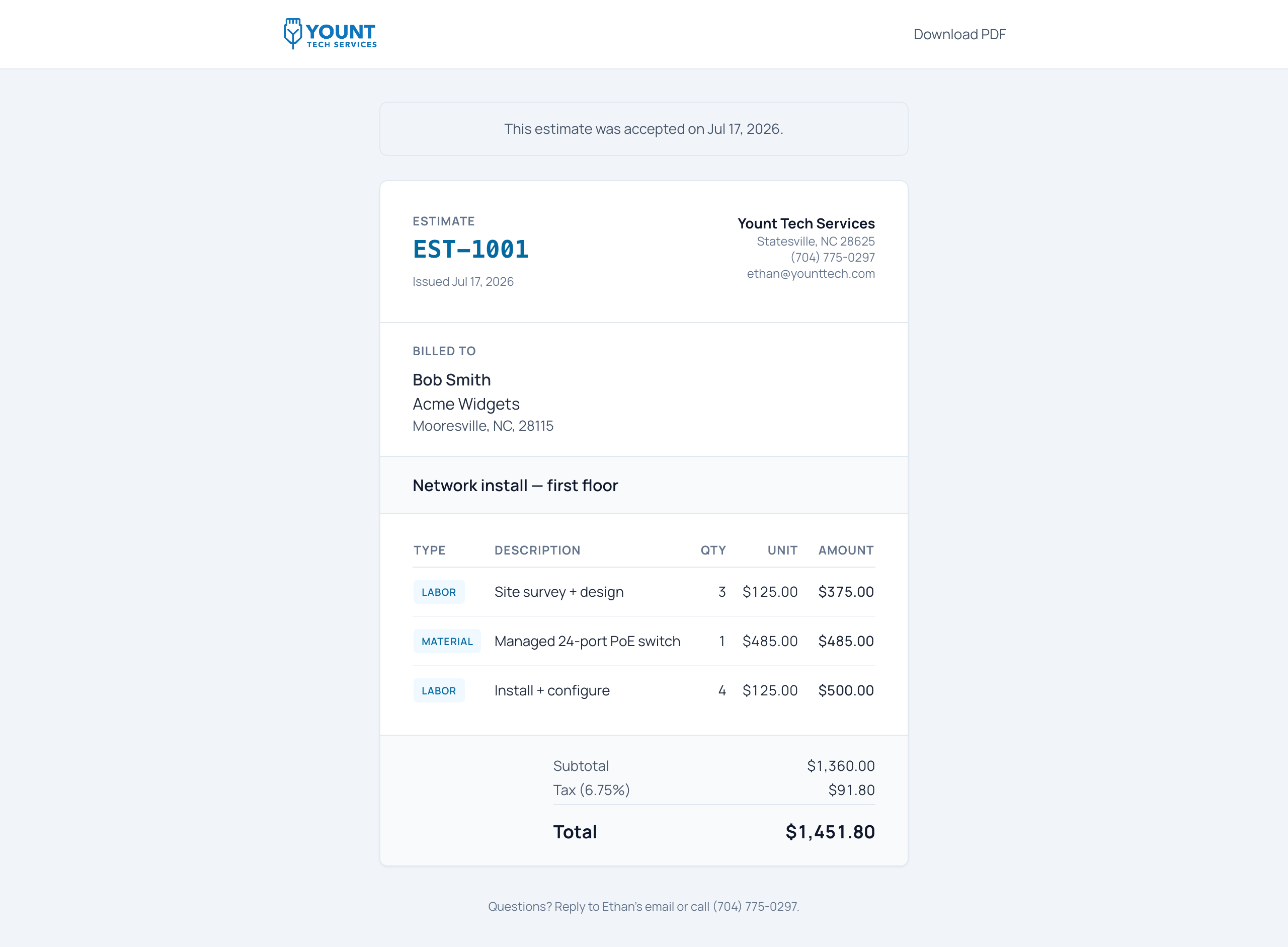 Client-facing page with document details and Accept button